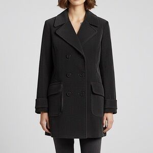 Hennes H&M Long Pea Coat Black Double Breasted Classic Corduroy Notch Collar 12